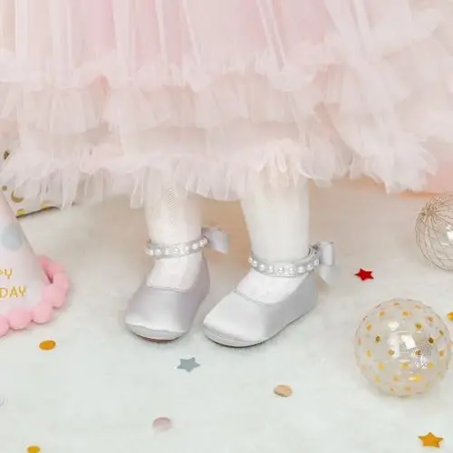 PHIRAMIN Baby Girls Mary Jane Flats - Infant Newborn Walking Shoes Soft Rubber Sole Princess Wedding - 3