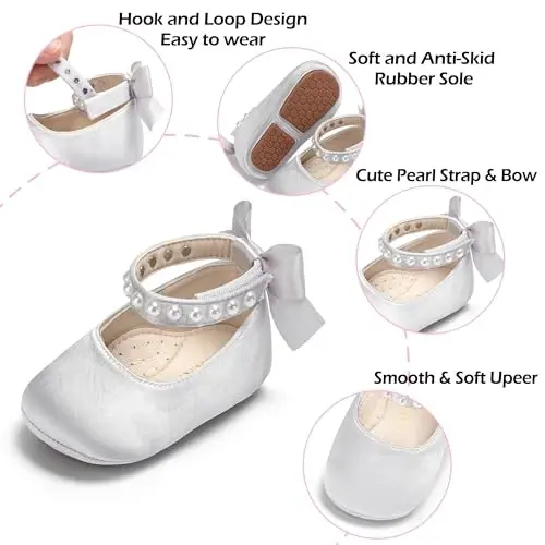 PHIRAMIN Baby Girls Mary Jane Flats - Infant Newborn Walking Shoes Soft Rubber Sole Princess Wedding - 5