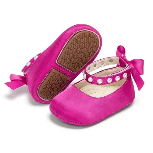 PHIRAMIN Baby Girls Mary Jane Flats - Infant Newborn Walking Shoes Soft Rubber Sole Princess Wedding 