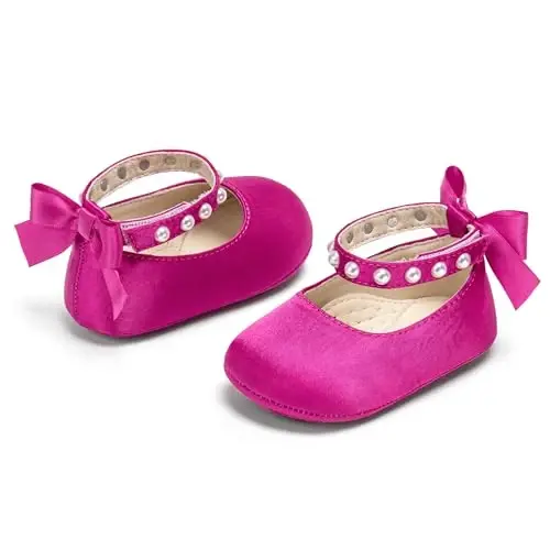 PHIRAMIN Baby Girls Mary Jane Flats - Infant Newborn Walking Shoes Soft Rubber Sole Princess Wedding - 3