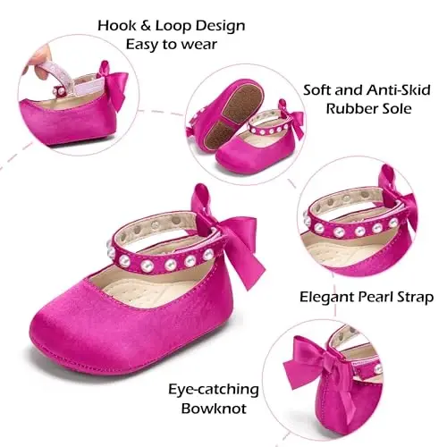 PHIRAMIN Baby Girls Mary Jane Flats - Infant Newborn Walking Shoes Soft Rubber Sole Princess Wedding - 5