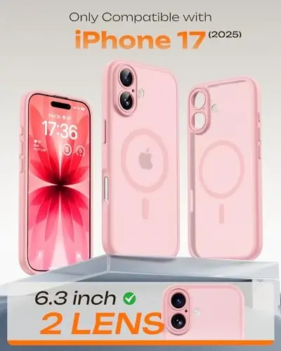 Phone 17 için TOCOL Kılıf, Magsafe Şarj Cihazı ile Uyumlu, Tam Kamera Koruması, Düşme Koruması, Phone 17 6.3 inç için Yarı Saydam Mat Telefon Kılıfı (Açık Pembe) - 2