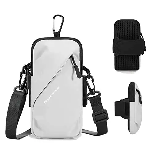 Phone Holder Arm Bands, Small Crossbody Shoulder Holsters Bag with Arm Band, Fits iPhone and All Cell Phones, Use for Running, Walking, Hiking & Biking (Plus Size,Grayish White) - 1