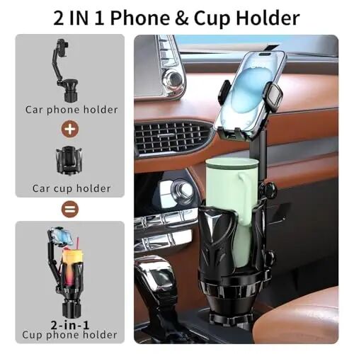 Phone Holders for Your Car, 2 in 1 Adjustable Stable Car Cup Phone Holder | Secure Hold, Multi-Scenario Use for Drivers, Commuters & Road Trips, Universal Fit for Up to 5.31'' Drinks/Mugs/Foods - 2