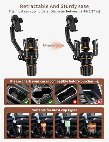 Phone Holders for Your Car, 2 in 1 Adjustable Stable Car Cup Phone Holder | Secure Hold, Multi-Scenario Use for Drivers, Commuters & Road Trips, Universal Fit for Up to 5.31'' Drinks/Mugs/Foods - 3