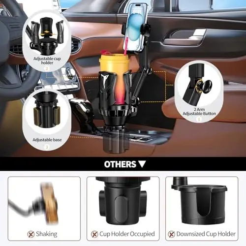 Phone Holders for Your Car, 2 in 1 Adjustable Stable Car Cup Phone Holder | Secure Hold, Multi-Scenario Use for Drivers, Commuters & Road Trips, Universal Fit for Up to 5.31'' Drinks/Mugs/Foods - 4