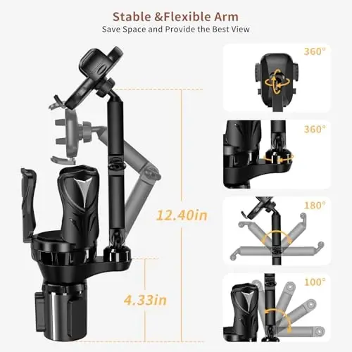 Phone Holders for Your Car, 2 in 1 Adjustable Stable Car Cup Phone Holder | Secure Hold, Multi-Scenario Use for Drivers, Commuters & Road Trips, Universal Fit for Up to 5.31'' Drinks/Mugs/Foods - 5