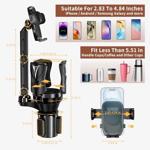 Phone Holders for Your Car, 2 in 1 Adjustable Stable Car Cup Phone Holder | Secure Hold, Multi-Scenario Use for Drivers, Commuters & Road Trips, Universal Fit for Up to 5.31'' Drinks/Mugs/Foods - 6