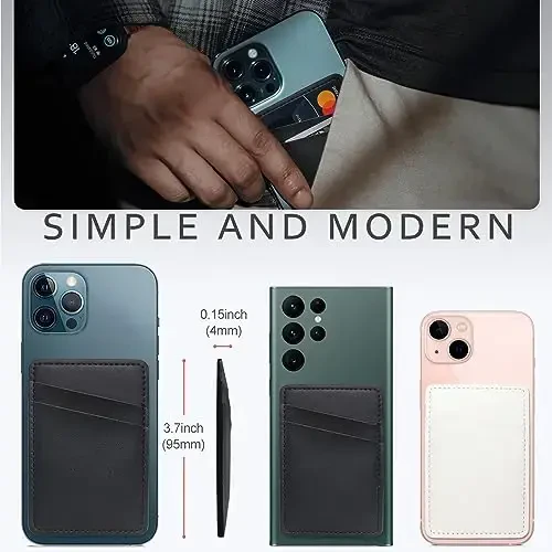 Phone Wallet Stick On, Leather Phone Card Holder, Credit Card Holder for Phone Case Compatible with iPhone, Samsung and Android - White, Black - 2