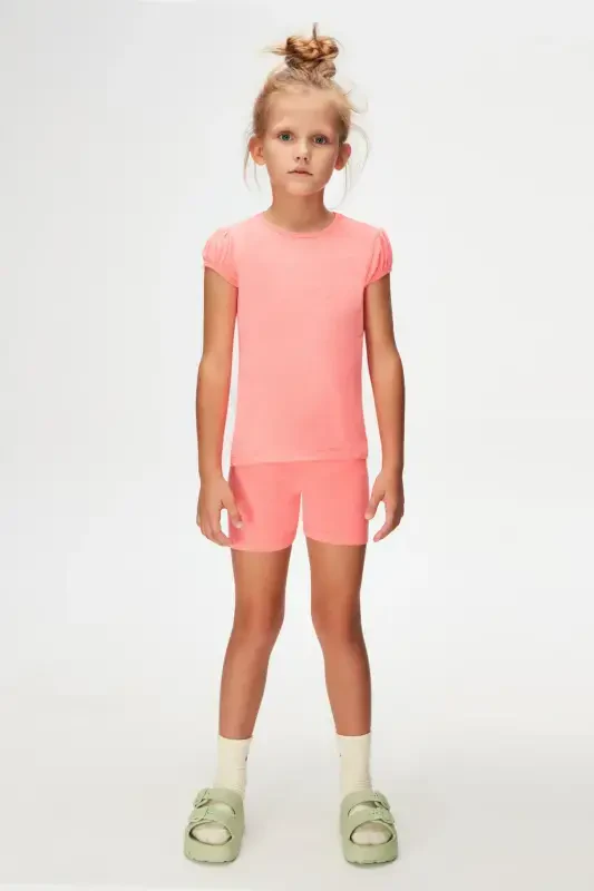 Phosphorus Fuchsia Basic Girls Crew Neck Watermelon Sleeve T-shirt - NEON FUCHSIA - 1