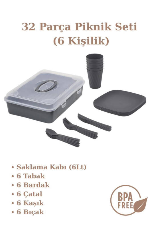 Picnic Set 32 Pieces 6 Person Cup Fork Spoon Plate 1500 Mulberry And Anthracite - 1