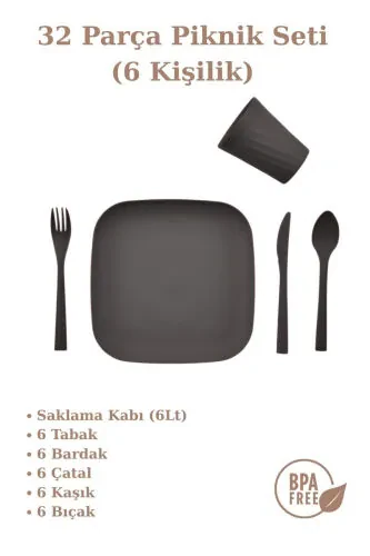Picnic Set 32 Pieces 6 Person Cup Fork Spoon Plate 1500 Mulberry And Anthracite - GENEL MARKALAR (1)