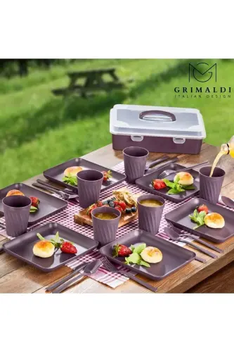 Picnic Set 32 Pieces 6 Person Glass Fork Spoon Compartmental Plate (COLORS ARE SENT MIXED) - PINK 