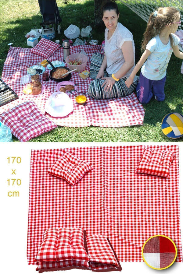 Picnic Set Red Picnic Blanket Large Blanket Tablecloth 170x170 Cm 2 Cushions Included (40x40cm) - 1