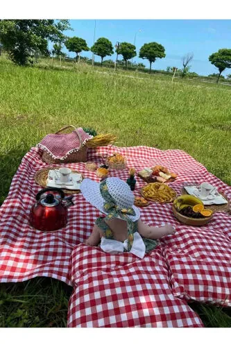 Picnic Set Red Picnic Blanket Large Blanket Tablecloth 170x170 Cm 2 Cushions Included (40x40cm) - GENEL MARKALAR (1)