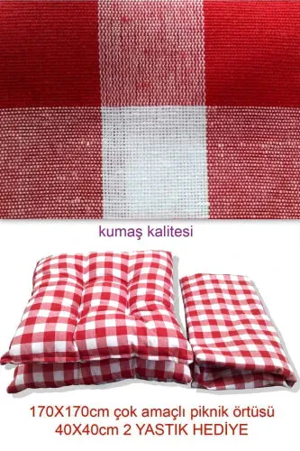 Picnic Set Red Picnic Blanket Large Blanket Tablecloth 170x170 Cm 2 Cushions Included (40x40cm) - 3