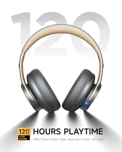 Picun B8 Bluetooth Headphones, 120H Playtime Headphones Wireless Bluetooth with 3 EQ Modes, Low Latency, Hands-Free Calls, Over Ear Headphones for Travel Home Office Cellphone PC (Ashen Golden) - PICUN (1)