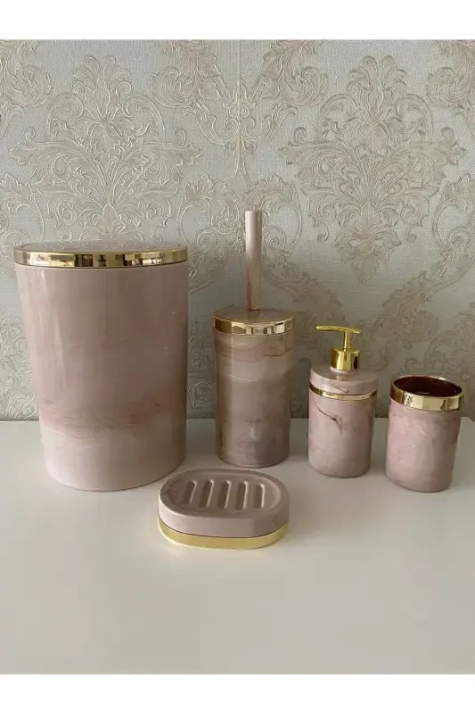 Piece Marble Pattern Bathroom Set / WC Brush, Liquid-Solid Soap Dispenser, Trash Can, Toothbrush Holder-Pink - TRENDBANYOMUTFAK