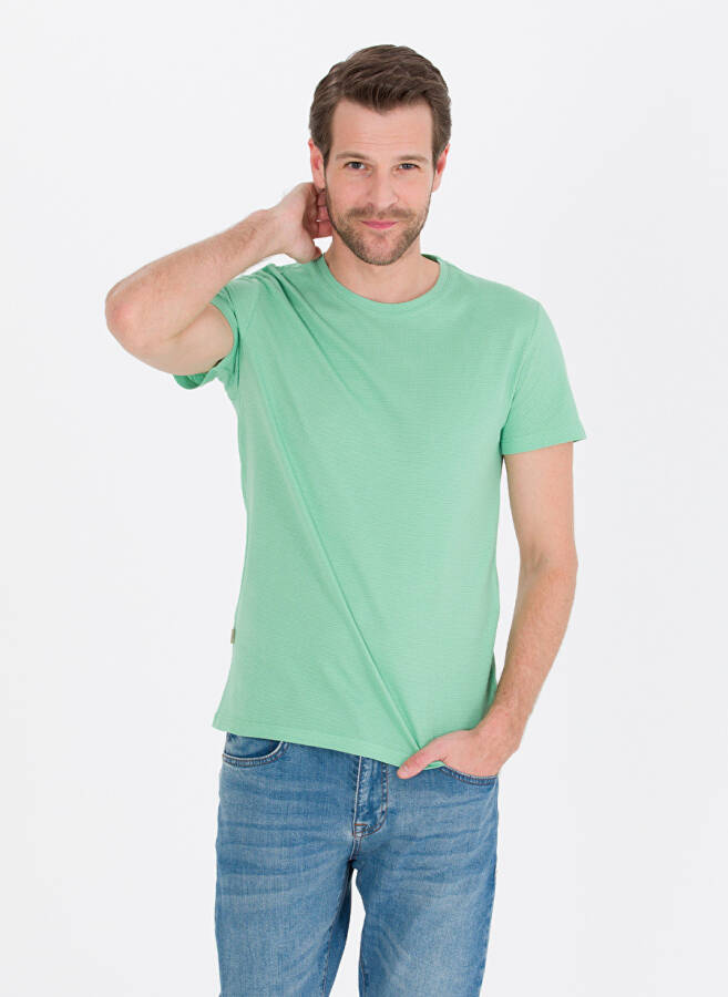 Pierre Cardin Men's Plain Light Green T-Shirt with Crew Neck - 2