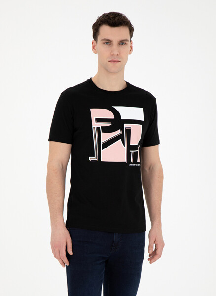 Pierre Cardin Printed Black Men's T-Shirt with Crew Neck PLATO - 3