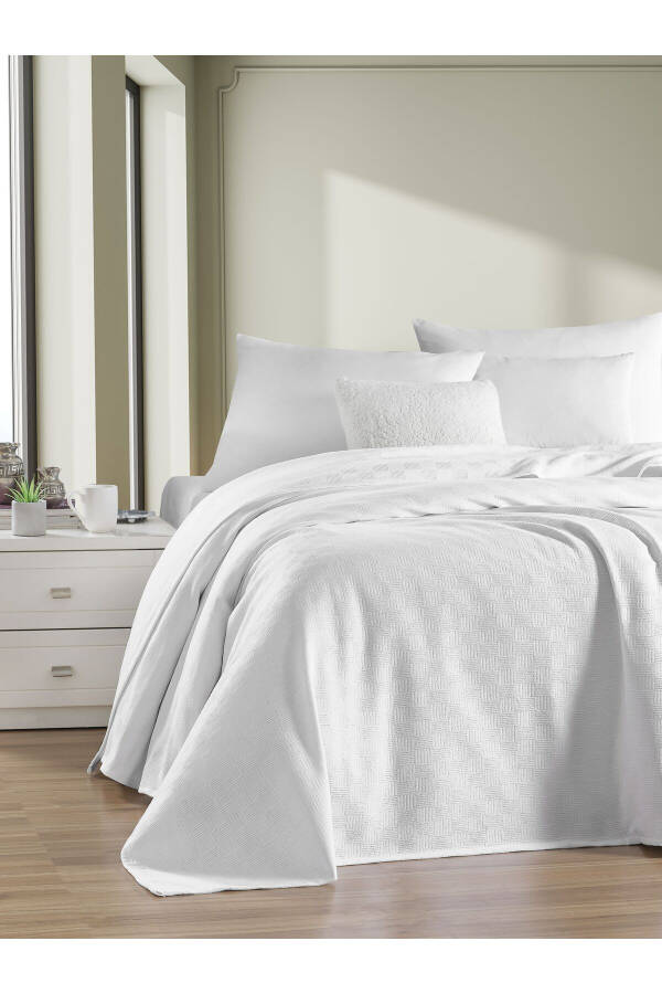 Pike Çift Kişilik %100 Pamuk Küçük Dama Desenli Yatak Örtüsü Otel Tipi Lüx Pike Beyaz-BEYAZ - 1