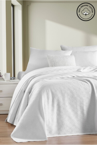 Pike Çift Kişilik %100 Pamuk Küçük Dama Desenli Yatak Örtüsü Otel Tipi Lüx Pike Beyaz-BEYAZ - 6