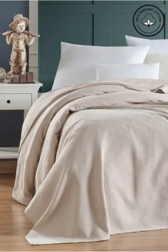 Pike Çift Kişilik %100 Pamuk Küçük Dama Desenli Yatak Örtüsü Otel Tipi Lüx Pike Beyaz Renkli-BEJ - 3