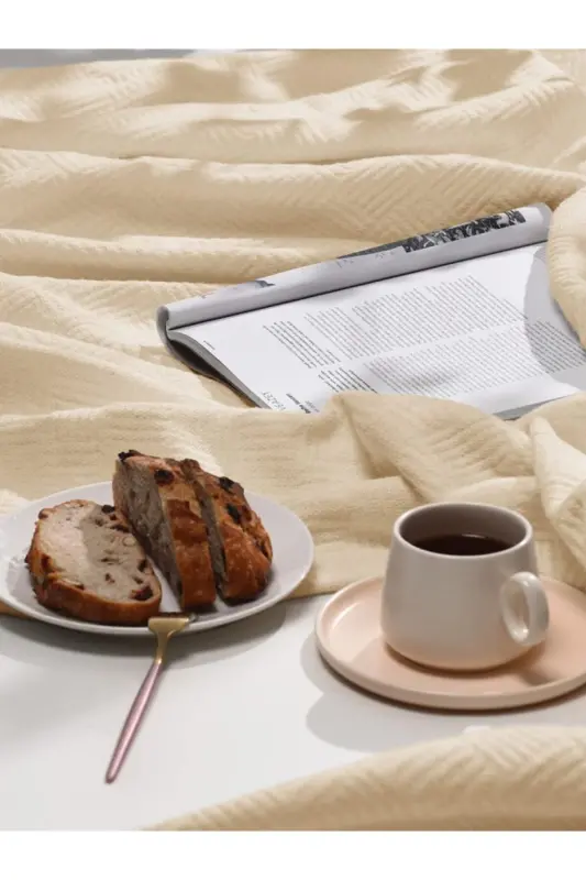 Pike Çift Kişilik %100 Pamuk Küçük Dama Desenli Yatak Örtüsü Otel Tipi Lüx Pike Beyaz Renkli-BEJ - 6