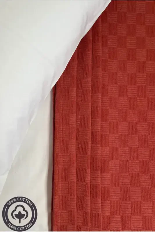 Pike Double 100% Cotton Small Check Pattern Bedspread Hotel Type Luxury Pique- brick color - 3