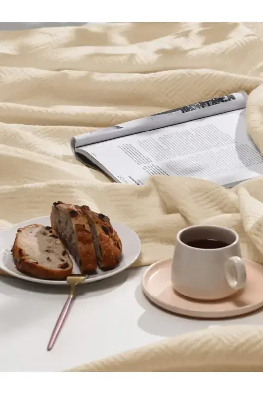 Pike Double Size 100% Cotton Small Check Patterned Bedspread Hotel Type Luxury Pique White Color-BEIGE - 6