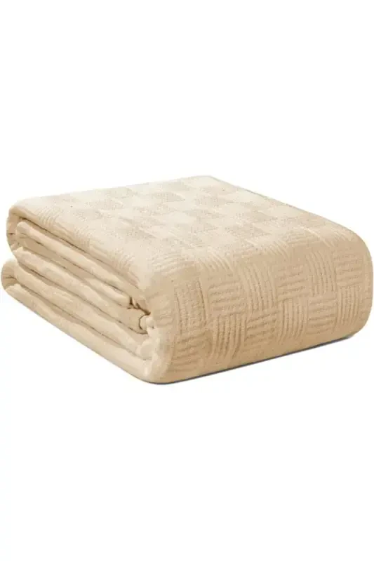 Pike Double Size 100% Cotton Small Check Patterned Bedspread Hotel Type Luxury Pique White Color-BEIGE - 7