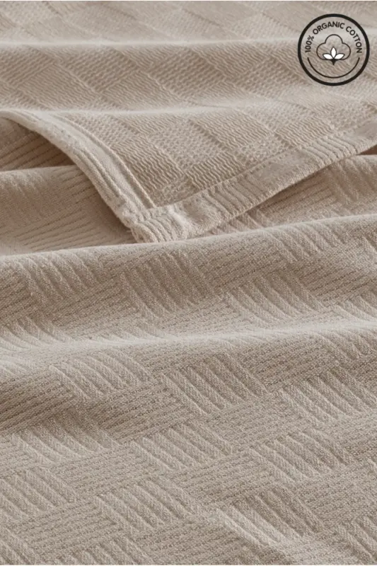 Pike Double Size 100% Cotton Small Check Patterned Bedspread Hotel Type Luxury Pique White Color-BEIGE - 1