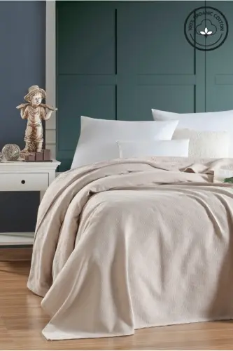 Pike Double Size 100% Cotton Small Check Patterned Bedspread Hotel Type Luxury Pique White Color-BEIGE - VESSİNOHOME (1)