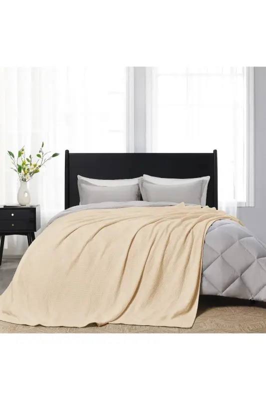 Pike Double Size 100% Cotton Small Check Patterned Bedspread Hotel Type Luxury Pique White Color-BEIGE - 4