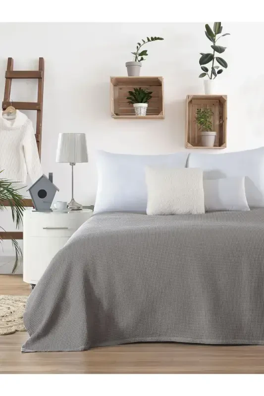 Pike Double Size Waffle Patterned Bedspread Hotel Type Lux Pique-ANTHRACITE - 2