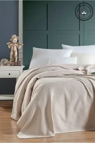 Pike İkkita Kişilik %100 Paxta Kichik Katakli Yotoq O'rni Otel Tipi Lyuks Pike Oq Rangli-BEJ - VESSİNOHOME (1)