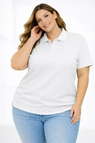 Pike Kumaş Düğmeli Yaka Battal Büyük Beden Günlük Kısa Kol Tişört T-shirt - Beyaz - BÜYÜKBEDENIZ (1)