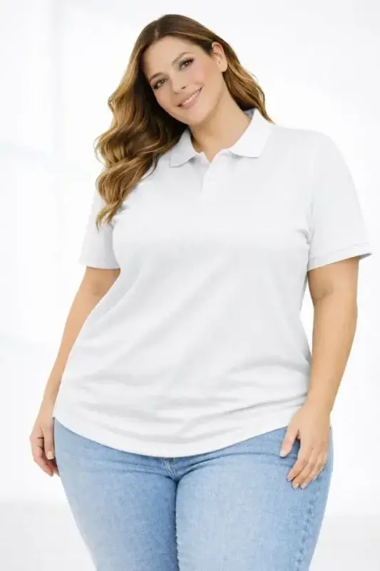 Pike Kumaş Düğmeli Yaka Battal Büyük Beden Günlük Kısa Kol Tişört T-shirt - Beyaz - 1
