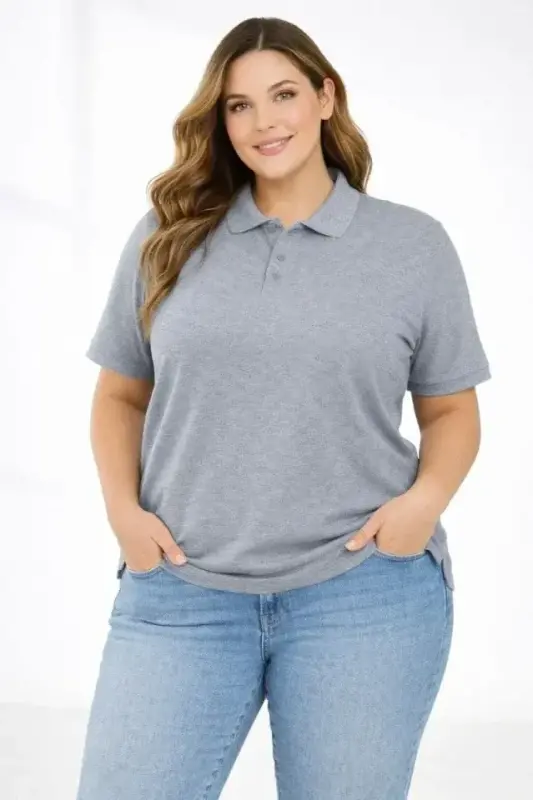 Pike Kumaş Düğmeli Yaka Battal Büyük Beden Günlük Kısa Kol Tişört T-shirt - Gri - BÜYÜKBEDENIZ