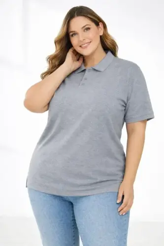 Pike Kumaş Düğmeli Yaka Battal Büyük Beden Günlük Kısa Kol Tişört T-shirt - Gri - BÜYÜKBEDENIZ (1)