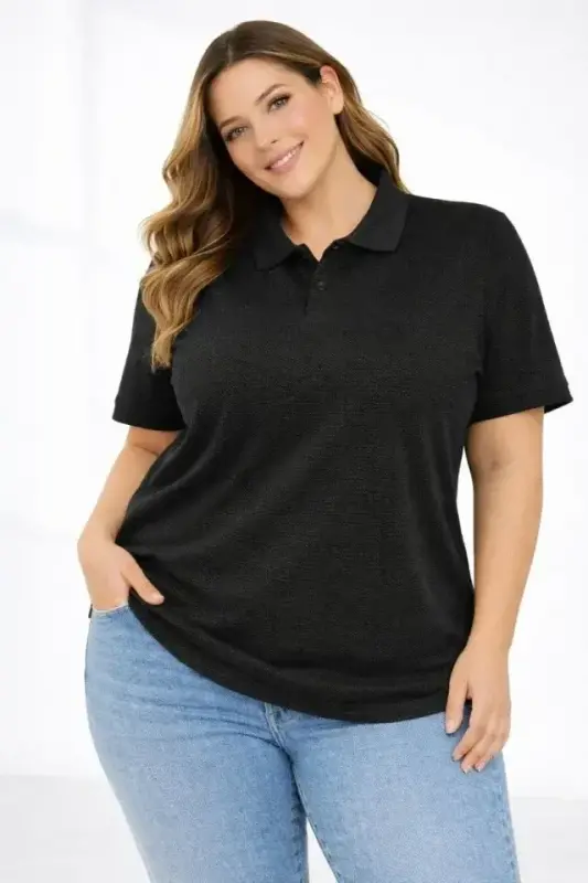 Pike Kumaş Düğmeli Yaka Battal Büyük Beden Günlük Kısa Kol Tişört T-shirt - Siyah - BÜYÜKBEDENIZ