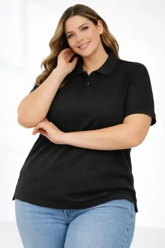 Pike Kumaş Düğmeli Yaka Battal Büyük Beden Günlük Kısa Kol Tişört T-shirt - Siyah - BÜYÜKBEDENIZ (1)