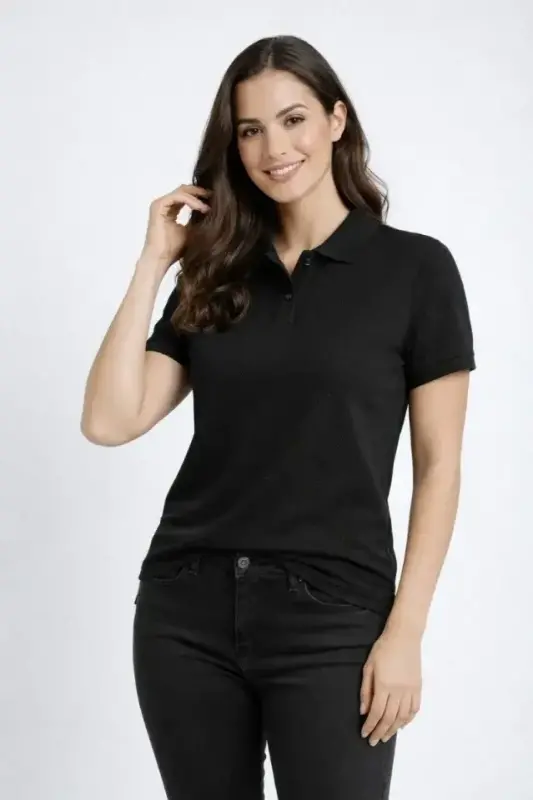 Pike Kumaş Düğmeli Yaka Regular Rahat Günlük Kısa Kol Tişört T-shirt - Siyah - BÜYÜKBEDENIZ