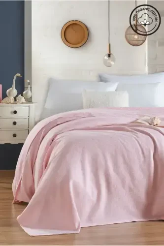 Pike Single 100% Cotton Small Check Pattern Bedspread Hotel Type Lux Pique White-PINK - VESSİNOHOME (1)