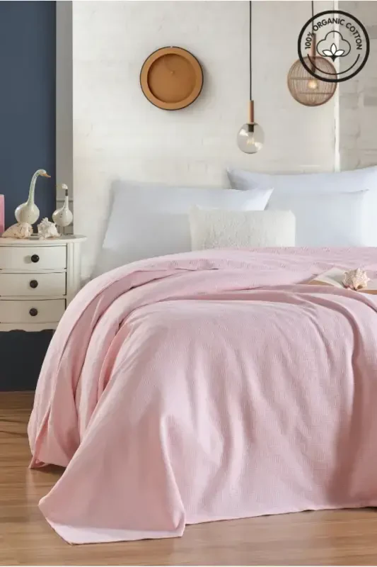 Pike Single 100% Cotton Small Check Pattern Bedspread Hotel Type Lux Pique White-PINK - 2