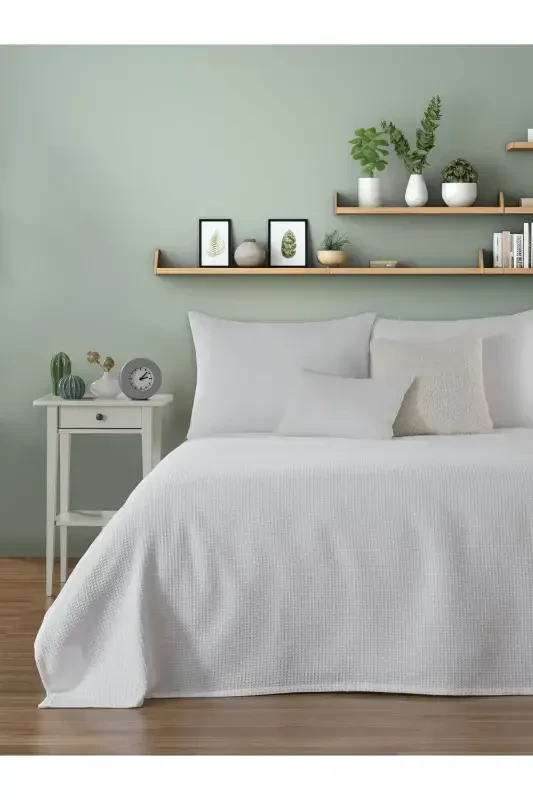 Pike Single 100% Cotton Waffle Patterned Bedspread Hotel Type Lux Pique-White - 2