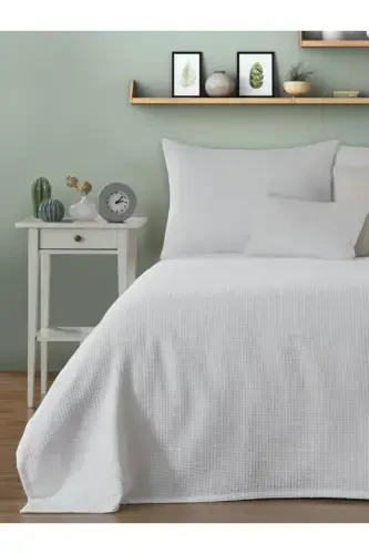 Pike Single 100% Cotton Waffle Patterned Bedspread Hotel Type Lux Pique-White - 3