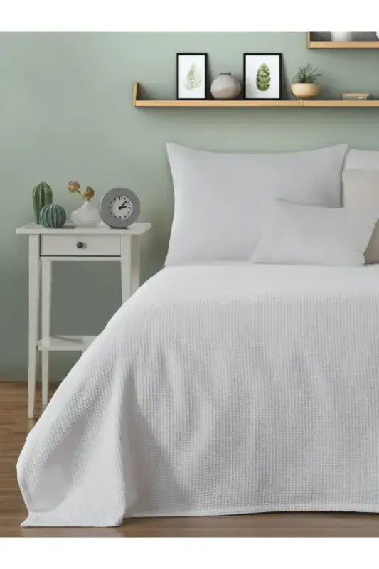 Pike Single 100% Cotton Waffle Patterned Bedspread Hotel Type Lux Pique-White - 3