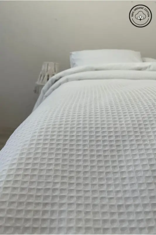 Pike Single 100% Cotton Waffle Patterned Bedspread Hotel Type Lux Pique-White - 5