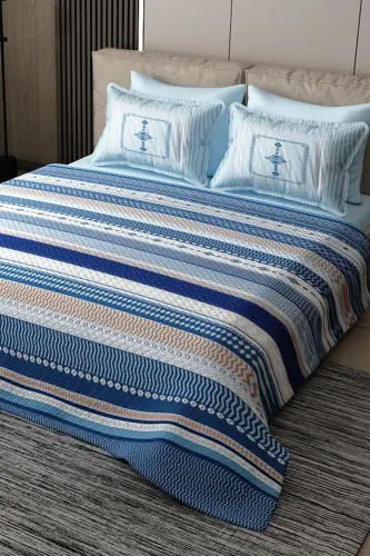 Pike Takımı Pamuklu Çift Kişilik Jakar Dokuma Yatak Örtüsü Blue Deep-Mavi 